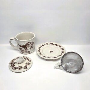 Vtg Andrea by Sadek Toile 4 pc Tea Cup Set Strainer Lid Elisabeth Trostli Bird
